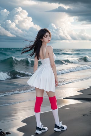 1girl,very_long_hair,hair_past_hip,wearing white simple short dress, long socks and sneakers,storm,rainy day, dark sky,dark clouds,thunder storm,standing at the edge of the sea cliff,Best Quality, 32k, photorealistic, ultra-detailed, finely detailed, high resolution, perfect dynamic composition, beautiful detailed eyes, sharp-focus, cowboy_shot,Nature