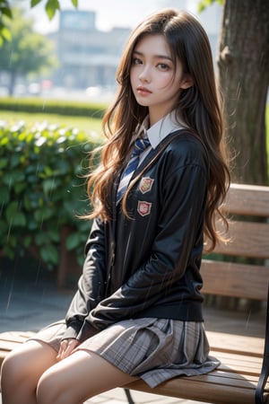 Rainy garden,bench,streetlamp,high school student,16 yo,girl,very long hair, curly hair,wearing school uniform(long sleeves),sitting on bench,side lights,backlighting,Best Quality, 32k, photorealistic, ultra-detailed, finely detailed, high resolution, perfect dynamic composition, beautiful detailed eyes, sharp-focus, cowboy shot,rain, Rainy Day