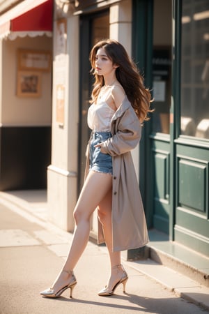 Urban street,autumn,windy day,16 yo,beautiful girl,fashion model,very long hair,curly hair,grey 
 hair,tall,slim body,wearing coat,blouse,skirt and heels,shoulder bag,tiny necklace,walking on the street,Best Quality, 32k, photorealistic, ultra-detailed, finely detailed, high resolution, perfect dynamic composition, beautiful detailed eyes, sharp-focus, cowboy shot,perfect legs,Fantasy detailers,Casual dress,Bohemian fashion,Western fashion,Realistic,Hyper detailed,side view,