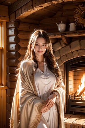 night,in the log cabin,fireplace,16 yo,girl,very long hair, curly hair,wearing hunting suit,pull a blanket,smile,Best Quality, 32k, photorealistic, ultra-detailed, finely detailed, high resolution, perfect dynamic composition, beautiful detailed eyes, sharp-focus, cowboy shot,