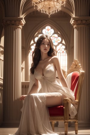 The background is a luxurious modern palace(Gothic building),  gallery(columns), with clean lines, curtains, high ceilings, and extravagant chandeliers, candlesticks, beautiful stained glass, arched window, curains are blowing, red royal throne is in the center of hall, 
masterpiece, best quality, photorealistic, raw photo, solo, natural daylight, ray tracing, high-resolution, realistic style, 16k, 
Create a realistic 20 Year old sexy girl, beautiful girl, young girl, bright halo(round) behind of head,
wearing beautiful dress,priest robe,bare shoulder, 
sitting on the throne,
realistic face, detailed hair, posture, beautiful face, perfect face, detailed face, shiny skin, perfect skin, slim body, cleavage