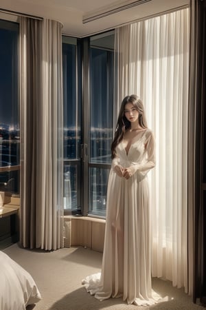 night_view_background,girl,hair_past_waist,very_long_hair,standing beside window,window is opened,white transparent curtain blow in the wind,she is wearing night gown and looking out the window,Best Quality, 32k, photorealistic, ultra-detailed, finely detailed, high resolution, perfect dynamic composition, beautiful detailed eyes, sharp-focus, cowboy_shot,