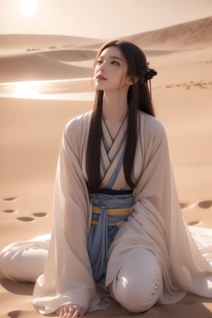 sky,desert, dune,sun,wind,sand storm,16 yo,beautiful girl,very long hair, straight hair,brown hair,wearing hanfu,sit on knee,she is looking up sky,Best Quality, 32k, photorealistic, ultra-detailed, finely detailed, high resolution, perfect dynamic composition, beautiful detailed eyes, sharp-focus, cowboy shot,