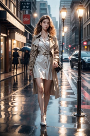 Rainy day,evening,street,street lamps,16 yo,girl,very long hair, curly hair,wearing trench coat(short dress inside),walking on the street,side lights,backlighting,Best Quality, 32k, photorealistic, ultra-detailed, finely detailed, high resolution, perfect dynamic composition, beautiful detailed eyes, sharp-focus, full body shot,rain, Rainy Day