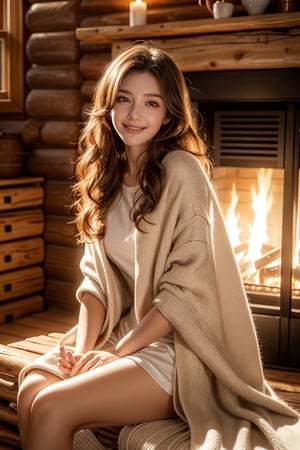 night,in the log cabin,fireplace,16 yo,girl,very long hair, curly hair,wearing hunting suit,pull a blanket,sit on rocking chair at fireplace,smile,Best Quality, 32k, photorealistic, ultra-detailed, finely detailed, high resolution, perfect dynamic composition, beautiful detailed eyes, sharp-focus, cowboy shot,