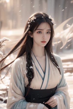 sky,snow field,horizon,sun,wind,snow storm,16 yo,beautiful girl,very long hair, straight hair,bangs,brown hair,tangled hair,wearing ragged hanfu,walking on snow,her body is bound with a rope,she is hang her head in shame,crying,tears,Best Quality, 32k, photorealistic, ultra-detailed, finely detailed, high resolution, perfect dynamic composition, beautiful detailed eyes, sharp-focus, cowboy shot,