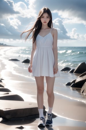 1girl,very_long_hair,hair_past_hip,wearing white simple short dress, long socks and sneakers,storm,rainy day, dark sky,seaside,tide,clouds,standing at the edge of the cliff,Best Quality, 32k, photorealistic, ultra-detailed, finely detailed, high resolution, perfect dynamic composition, beautiful detailed eyes, sharp-focus, cowboy_shot,