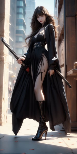 urban street,skyscrapers,buildings,beautiful girl,16 yo, dark hair,straight hair,very_long_hair,bangs,wearing long black slim coat(inside black straped short dress),long boots,accessories,she is carrying a katana,smile,Best Quality, 32k, photorealistic, ultra-detailed, finely detailed, high resolution, perfect dynamic composition, beautiful detailed eyes, sharp-focus, cowboy shot,More Detail,Samurai girl,foreground