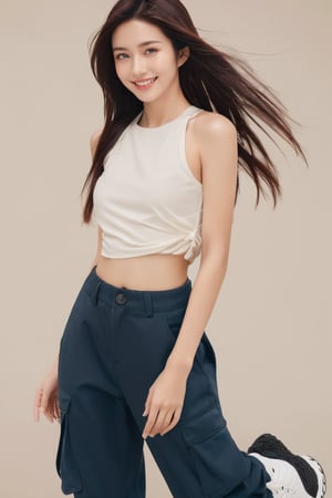 simple background,girl,16 yo,smile,very_long_hair,wearing top and long cargo pants, sneakers, cap,Best Quality, 32k, photorealistic, ultra-detailed, finely detailed, high resolution, perfect dynamic composition, beautiful detailed eyes, sharp-focus, cowboy_shot,