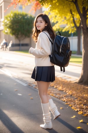 background is high school building,autumn,fall_leaves.
16 yo,beautiful girl,long hair,curly hair,dark brown hair,high school student,wearing school uniform(long sleeves) and backpack,she is walking on the way to school,smile,perfect legs,loose socks,white socks.
some students are walking and passing by her.
Best Quality, 32k, photorealistic, ultra-detailed, finely detailed, high resolution, perfect dynamic composition, beautiful detailed eyes, sharp-focus, 