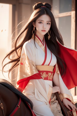 background is forest,foggy,autumn leaves,
20 yo, 1 girl, beautiful girl, wearing beautiful hanfu(red),cape,riding a horse,shining bracelet, smile, solo, {beautiful and detailed eyes}, dark eyes, calm expression, natural and soft light, delicate facial features, ((model pose)), Glamor body type, (dark hair:1.2), simple tiny earrings,very_long_hair,hair past hip, bang,straight hair, big buns,flim grain, realhands, masterpiece, Best Quality, 16k, photorealistic, ultra-detailed, finely detailed, high resolution, perfect dynamic composition, beautiful detailed eyes, eye smile, ((nervous and embarrassed)), sharp-focus, full_body, sexy pose, cowboy_shot,Bomi,ancient_chinese_indoors,horse,riding,horseback_riding,Samurai girl