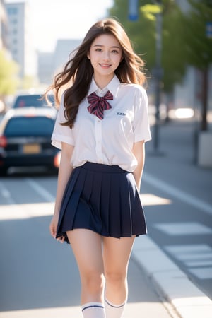 background is high school,16 yo,beautiful girl,long hair,curly hair,dark brown hair,high school student,wearing school uniform,she is salking on the way to school,smile,Best Quality, 32k, photorealistic, ultra-detailed, finely detailed, high resolution, perfect dynamic composition, beautiful detailed eyes, sharp-focus, cowboy shot,perfect legs,loose socks,white socks,