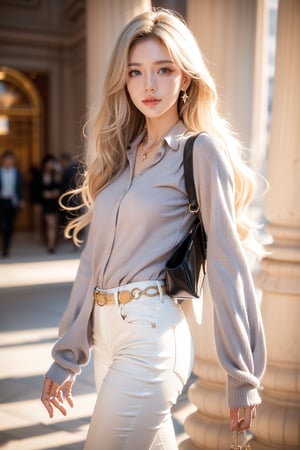 Louvre museum in Paris,16 yo,beautiful girl,fashion model,very long hair,curly hair,grey blonde hair,tall,slim body,wearing blue and white striped collared shirts(long sleeve), long white pants and heels,shoulder bag,tiny necklace,smile,Best Quality, 32k, photorealistic, ultra-detailed, finely detailed, high resolution, perfect dynamic composition, beautiful detailed eyes, sharp-focus, cowboy shot,perfect legs,Fantasy detailers,Casual dress,Bohemian fashion,Western fashion,Realistic,Hyper detailed