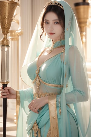 ancient persian palace,16 yo,1 girl,beautiful girl,hair_past_waist,very long hair,curly hair,dark brown hair,blue eyes,wearing persian outfits,wearing transparent veil,transparent face veil,accessories,smile,she is holding 2 swords,Best Quality, 32k, photorealistic, ultra-detailed, finely detailed, high resolution, perfect dynamic composition, beautiful detailed eyes, sharp-focus, cowboy shot,Veil