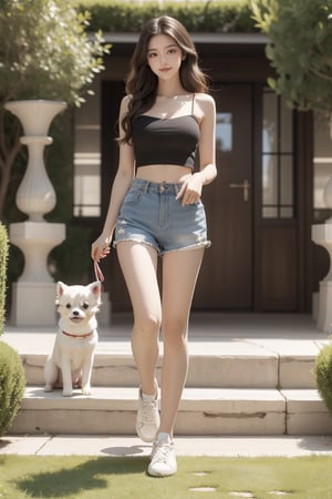 modern house garden,flower garden,lawn,16 yo,beautiful girl,very_long_hair,hair_past_waist,waist length hair,curly hair,dark brown hair,slim waist,wearing top(strap) and short pants,sneakers,a puppy(white Pomeranian),smile,she is playing with a puppy,Best Quality, 32k, photorealistic, ultra-detailed, finely detailed, high resolution, perfect dynamic composition, beautiful detailed eyes, sharp-focus, cowboy shot,full body shot,modernvilla, 