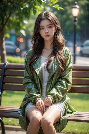 Rainy garden,rose vines,bench,street lamp,16 yo,girl,very long hair, curly hair,wearing rain coat,sitting on bench,side lights,backlighting,Best Quality, 32k, photorealistic, ultra-detailed, finely detailed, high resolution, perfect dynamic composition, beautiful detailed eyes, sharp-focus, cowboy shot,rain, Rainy Day