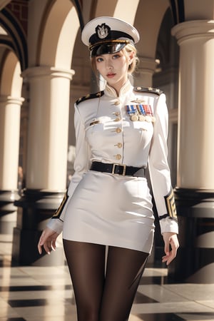 background old palace square,16 yo,beautiful girl,military officer,blonde hair,chignon,blue eyes,glamor,tall,slim waist,wearing military uniform(white full dress uniform,long sleeve suit jacket,tight skirt),highheels and hat,standing at attention,closing legs,Best Quality, 32k, photorealistic, ultra-detailed, finely detailed, high resolution, perfect dynamic composition, beautiful detailed eyes, sharp-focus, cowboy shot,smooth pantyhose,