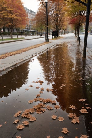 fall,autumn,fall_leaves,urban street,cafe(parasol,table and chair),There is a small puddle on the road,Red Maple leaves are floating on the water