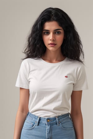 photography of a 25yo Maeve Dermody, beauty, masterpiece, wide cheekbones, natural jawline, denim pants, white t-shirt with red levis logo, photorealistic, analog, realism,photorealistic, black hair, indian beauty