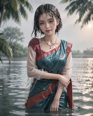 a bride woman in a sari with a necklace on her neck, slight smile, happy, studio portrait, maximalist, studio photography,
,elegant, rich color palette, 1920s
((wet clothes, wet hair, bathing in water, face focused, skin pores, sleeve blouse, saree , detail face, heavy rain )),wet hair,girl wearing indian saree, soaking Wet Clothes