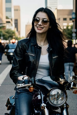 a 47-year-old young mother riding a harley davidson in the middle of a city full of people and vehicles, is stopping to enjoy the atmosphere of freedom, without wearing clothes she is enjoying the beauty of the afternoon in the middle of the city crowd