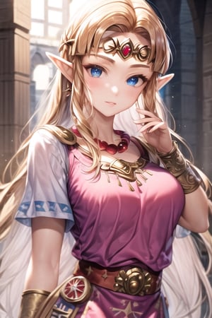zelda_a, long hair, blond hair, pointy ears, blue eyes, circlet, pink dress, short sleeves, jewelry, bracer, bead necklace, 