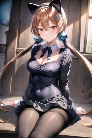 Alisa_a, long hair, orange hair, bangs, hair between eyes, low twintails, red eyes, fake animal ears, cat ears, hair ornament, blue sphere hair ornament, hair bobbles, hairband, neck ribbon, detached collar, ribbon, black bow, black dress shirt, long sleeves, black miniskirt, flared skirt, skirt, black pantyhose, pantyhose, 