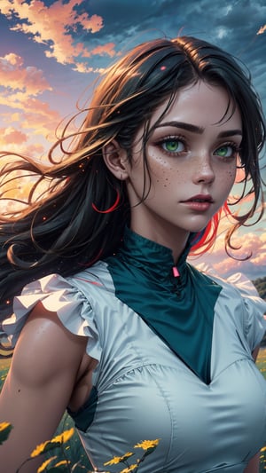 best quality,cinematic,a woman in a long white dress,running through an open field,long hair,bangs,voloptuous,green eyes,freckles on her cheeks,wind,detailed face,detailed body,red and gray sky,glow,clouds,vegetation,green plains,cinematic,colorful,extremely detailed,EpicSky,cloud,sky,highly detailed