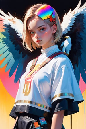 style of Guweiz, Bo Bartlett, J.C. Leyendecker, (anthropomorphic eagle1.2), 1girl, Oil on canvas, supernatural being, otherworldly beauty, abstract motif, glitch aesthetic, photonic energy, thick textured paint, neat brushwork, intricately detailed, masterpiece, 8k, hdr, vibrant neon, pastel rainbow tones, 