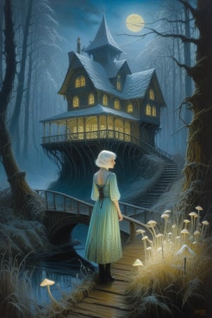 by klint, (style of Donato Giancola:1.8), (style of Gerald Brom:1.7), translucent 1girl glowing, white short hair, nightmare, dementors, moonlight, snowy misty environment, rickety bridge, whispering forest, an eerie house, (tall grass and mushrooms), vivid detail, hyper detailed, 4k, masterpiece, Brushwork, (Oil on Canvas:1.5), 