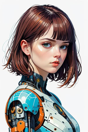 (white background, circular vector art:1.4) cyberpunk art, (by Hope Gangloff, Carl Larsson, (Simon Stålenhag:1.1):1.05), conceptual art, 1girl, bob cut, prosthetic mechanical arm, (sketched lines:1.2), 