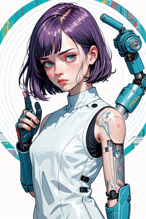 (post-Impressionist, white background, circular vector art:1.4) cyberpunk art, (by Hope Gangloff, Carl Larsson, (Simon Stålenhag:1.1):1.05), conceptual art, 1girl, bob cut, prosthetic mechanical arm, (sketched lines:1.2), 