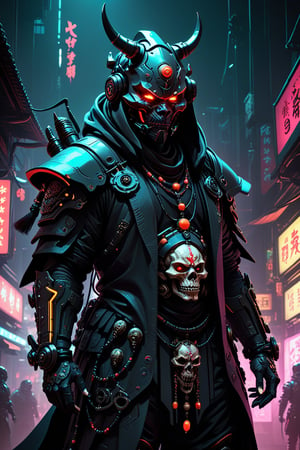 oni ronin, neon, (style of Aleksi Briclot, (by Benedick Bana:1.2):1.1), concept art, dark cyberpunk futuristic neon market, A full body view, A heavy textured oni demon face with well-defined details with intricate prayer beads made out of skulls, neon, cloak, intricate ornaments, dynamic composition, cyberpunk art, Intricate Details, space suit, mysterio, hypermaximalist, dark and stylish aesthetic, fantasy theme