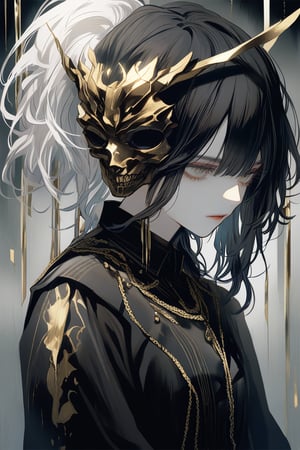 (by inaeda kei:1.3), (by aburaeoyaji:1.15), (by sudach_koppe:1.15), general, solo, 1girl, The left side of her face is pale with white hair, adorned with a golden earring and delicate gold chains. The right side of her face is dark with black hair, featuring a cracked black skull mask with gold accents. She wears a white high-collared outfit on the left side and a black garment on the right, creating a striking visual dichotomy. The background is a gradient of muted tones, with subtle dripping effects enhancing the surreal and mystical atmosphere