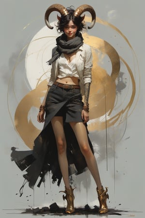 full body, (style of Simón Prades, Ismail Inceoglu, (by Ashley Wood:1.2):1.15), obscure, loose and expressive, broad brushstrokes, grays, whites, subtle skin tones, moody atmosphere, otherworldly demonic woman, ((bioluminescent fist)), Dark shadowy heels, golden eyes, dark torn scarf, golden sun tattoo, ((dark curled horns)), ((body composed of swirling energy adorned with intricate patterns resembling swirling smoke and sparkles)),