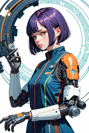 (white background, circular vector art:1.4) cyberpunk art, (by Hope Gangloff, Carl Larsson, (Simon Stålenhag:1.1):1.05), conceptual art, 1girl, bob cut, prosthetic mechanical arm, (sketched lines:1.2), 