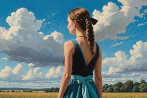 (best quality, masterpiece:1.2), style of Bo Bartlett, studio ghibli, outdoors, 1girl, neckerchief, low twin braids, long hair, blue sky, sleeveless, from behind, solo, sky, holding hat, holding bag, looking back, aqua eyes, bow, bag, unworn headwear, dress, each, black dress, hair bow, sidelocks, cloudy sky, cloud, day, looking at viewer, aesthetic, intricate, oil painting, dramatic lighting, oil on canvas, strong contrasts, dark tones, thick paint, epic background, 
