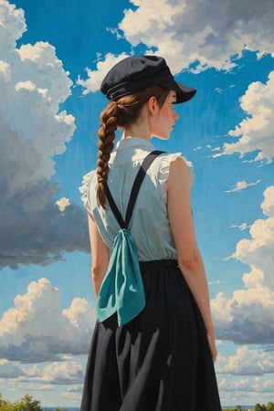 (best quality, masterpiece:1.2), style of Bo Bartlett, studio ghibli, outdoors, 1girl, neckerchief, low twin braids, long hair, blue sky, sleeveless, from behind, solo, sky, holding hat, holding bag, looking back, aqua eyes, bow, bag, unworn headwear, dress, each, black dress, hair bow, sidelocks, cloudy sky, cloud, day, looking at viewer, aesthetic, intricate, oil painting, dramatic lighting, oil on canvas, strong contrasts, dark tones, thick paint, epic background, 