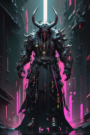 (style of Aleksi Briclot, (by Benedick Bana:1.2):1.1), concept art, dark cyberpunk futuristic neon market, A full body view, A heavy textured oni demon face with well-defined details with intricate prayer beads made out of skulls, neon, cloak, intricate ornaments, dynamic composition, cyberpunk art, Intricate Details, space suit, mysterio, hypermaximalist, dark and stylish aesthetic, fantasy theme