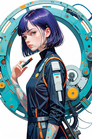 (post-Impressionist, white background, circular vector art:1.4) cyberpunk art, (by Hope Gangloff, Carl Larsson, (Simon Stålenhag:1.1):1.05), conceptual art, 1girl, bob cut, prosthetic mechanical arm, (sketched lines:1.2), 