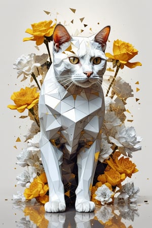 fragmented, full body, A cat, Half golden and half white, osmium, next to a bunch of flowers, a low poly render, surrealism, geometric shapes and pixel sorting, white gradient background, style of Anthony Gerace, russ mills, polygonal fragments, flowers growing out of his bodyfractal art, abstract, hyperrealistic, masterpiece, best quality, 
