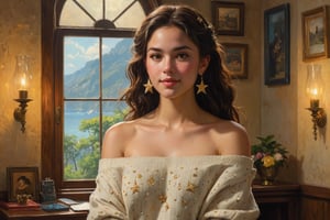 best quality, masterpiece, style of Craig Mullins, Bo Bartlett, studio ghibli, by thomas kinkade, aesthetic shot, intricate, oil painting, dramatic lighting, oil on canvas, strong contrasts, thick paint, 1girl, earrings, jewelry, hoop earrings, star (symbol), collarbone, off shoulder, hair behind ear, art tools in frame, light smile, portrait, off-shoulder sweater, sweater, medium hair, single off shoulder, full body, 