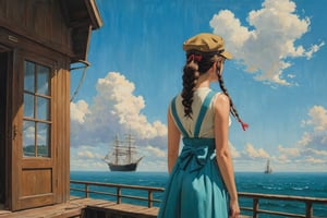 (best quality, masterpiece:1.2), style of Bo Bartlett, studio ghibli, outdoors, 1girl, neckerchief, low twin braids, long hair, blue sky, sleeveless, from behind, solo, sky, holding hat, holding bag, looking back, aqua eyes, bow, bag, unworn headwear, dress, each, black dress, hair bow, sidelocks, cloudy sky, ship, cabin, day, looking at viewer, aesthetic, intricate, oil painting, dramatic lighting, oil on canvas, strong contrasts, dark tones, thick paint, epic background, 