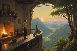 best quality, masterpiece, style of Craig Mullins, Bo Bartlett, studio ghibli, by thomas kinkade, aesthetic shot, intricate, oil painting, dramatic lighting, oil on canvas, strong contrasts, thick paint, Master & Apprentice
