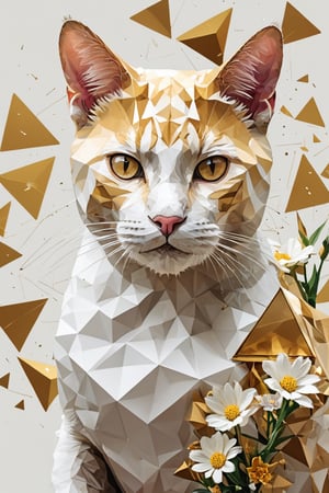 fragmented, full body, A cat, Half golden and half white, osmium, next to a bunch of flowers, a low poly render, surrealism, geometric shapes and pixel sorting, white gradient background, style of Anthony Gerace, russ mills, Dual representation, One half of the cat's face is white and the other golden geometric, gold-colored triangular facets that appear to be breaking away into smaller triangles, giving the impression of the cat transitioning into an abstract form, polygonal fragments, flowers growing out of his bodyfractal art, abstract, hyperrealistic, masterpiece, best quality, 