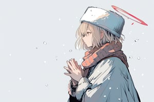 (by inaeda kei:1.3), (by aburaeoyaji:1.15), (by sudach_koppe:1.15), general, solo, 1girl, skirt, halo, snowman, own hands together, hands up, from side, hat, long sleeves, pleated skirt, capelet, fur hat, scarf, short hair, solo, white skirt, standing, snowing, upper body, flat color, detailed grunge rough stroke painting, Printed on vintage pulpy paper signs of wear