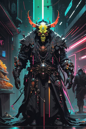 (style of Aleksi Briclot, (by Benedick Bana:1.2):1.1), concept art, dark cyberpunk futuristic neon market, A full body view, A heavy textured oni demon face with well-defined details with intricate prayer beads made out of skulls, neon, cloak, intricate ornaments, dynamic composition, cyberpunk art, Intricate Details, space suit, mysterio, hypermaximalist, dark and stylish aesthetic, fantasy theme