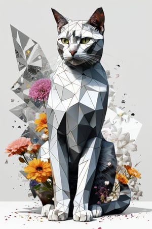 fragmented, full body, A cat, osmium, next to a bunch of flowers, a low poly render, surrealism, geometric shapes and pixel sorting, white gradient background, style of Anthony Gerace, russ mills, polygonal fragments, flowers growing out of his bodyfractal art, abstract, hyperrealistic, masterpiece, best quality, 