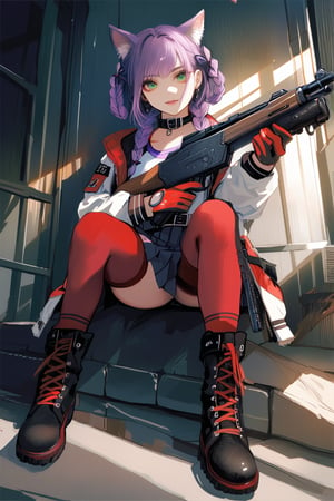 (by inaeda kei:1.3), (by aburaeoyaji:1.15), (by sudach_koppe:1.15), general, solo, 1girl, boots, red thighhighs, pleated skirt, hair rings, collar, jewelry, gloves, two-tone jacket,  solo, holding weapon, rifle, submachine gun, multicolored clothes, belt collar, ribbon, full body, belt, weapon, animal ears, gun, pp-2000, thighhighs, braid, bayonet, smile, skirt, medium hair, jacket, purple hair,  looking at viewer, multicolored jacket, earpiece, green eyes, holding, twin braids, masterpiece, best quality, very aesthetic, absurdres, ultra-detailed, realistic,