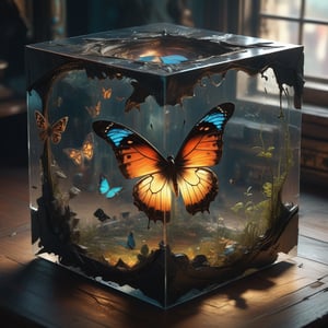 eerie ambiance, style of Craig Mullins, Ismail Inceoglu, close up, A 3d cube in the center of the room. cracked transparent black cube, A butterfly inside the cube, a fairy inside a cube, intricate details, highly detailed,